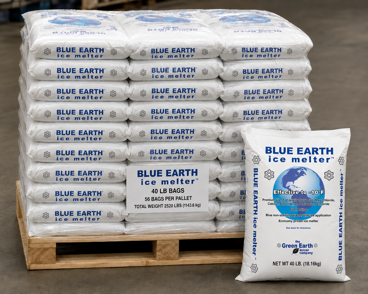 Blue Earth ice melter 40 lb bags 56 per pallet