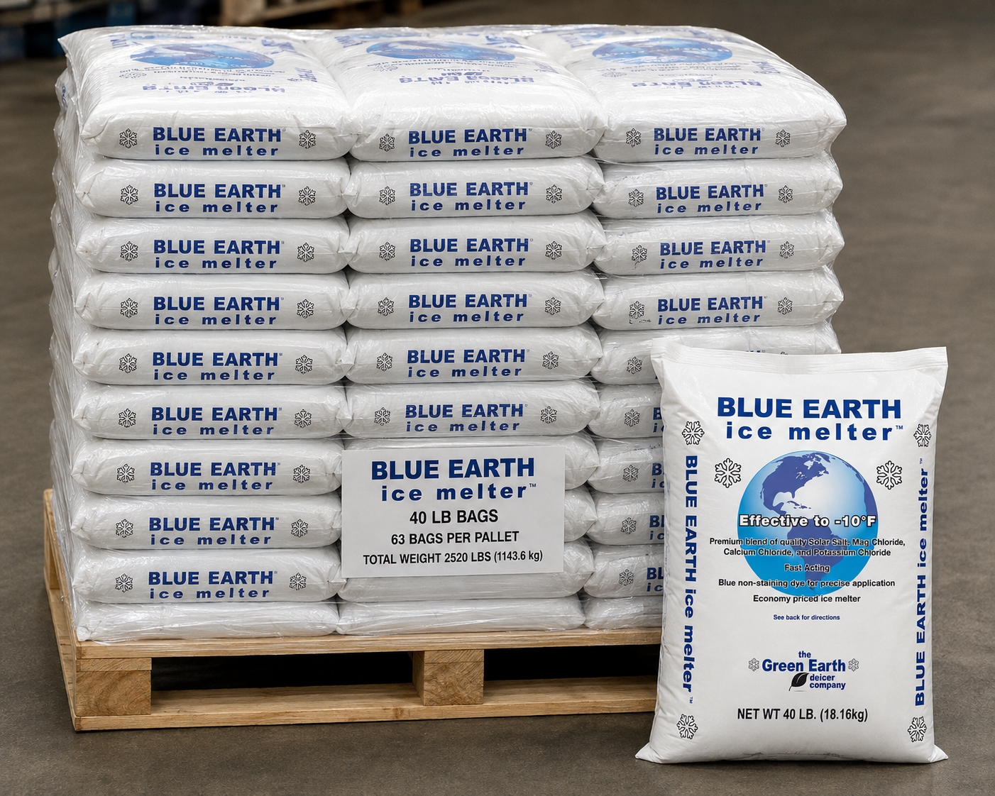 Blue Earth Ice Melter – 40 lb bags Full Pallet